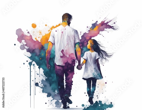 Illustration of a father with his little girl walking together. Father's day illustration. Generative ai.