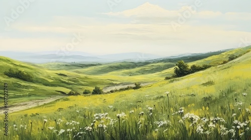 Beautiful painting of rolling hills with fields of green grass  Made with the highest quality generative AI tools