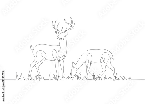 Deer linear icon. A pair of deer with grass in continuous line art drawing style. Continuous line drawing of deer with grass. Deer in abstract and minimalist linear icon. Vector illustration