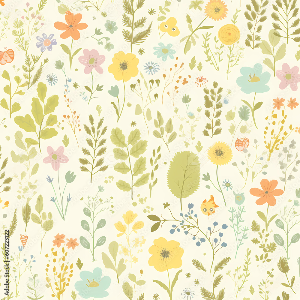 Spring Floral Pattern Pastel Yellows And Greens Illustration