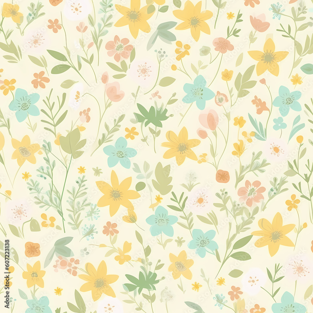 Spring Floral Pattern Pastel Yellows And Greens Illustration