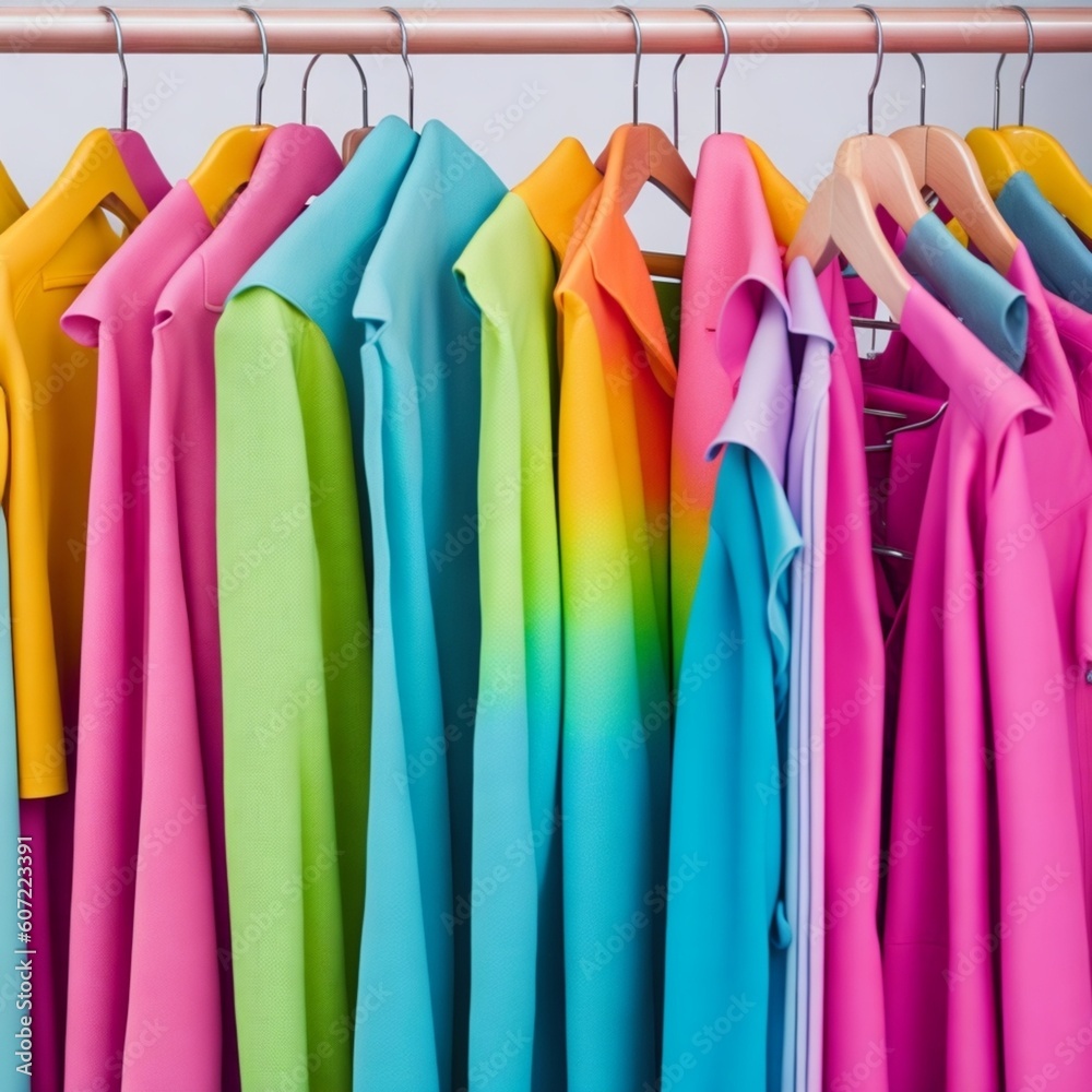 Colourful clothes on clothing rack, Rainbow color clothes choice on hangers