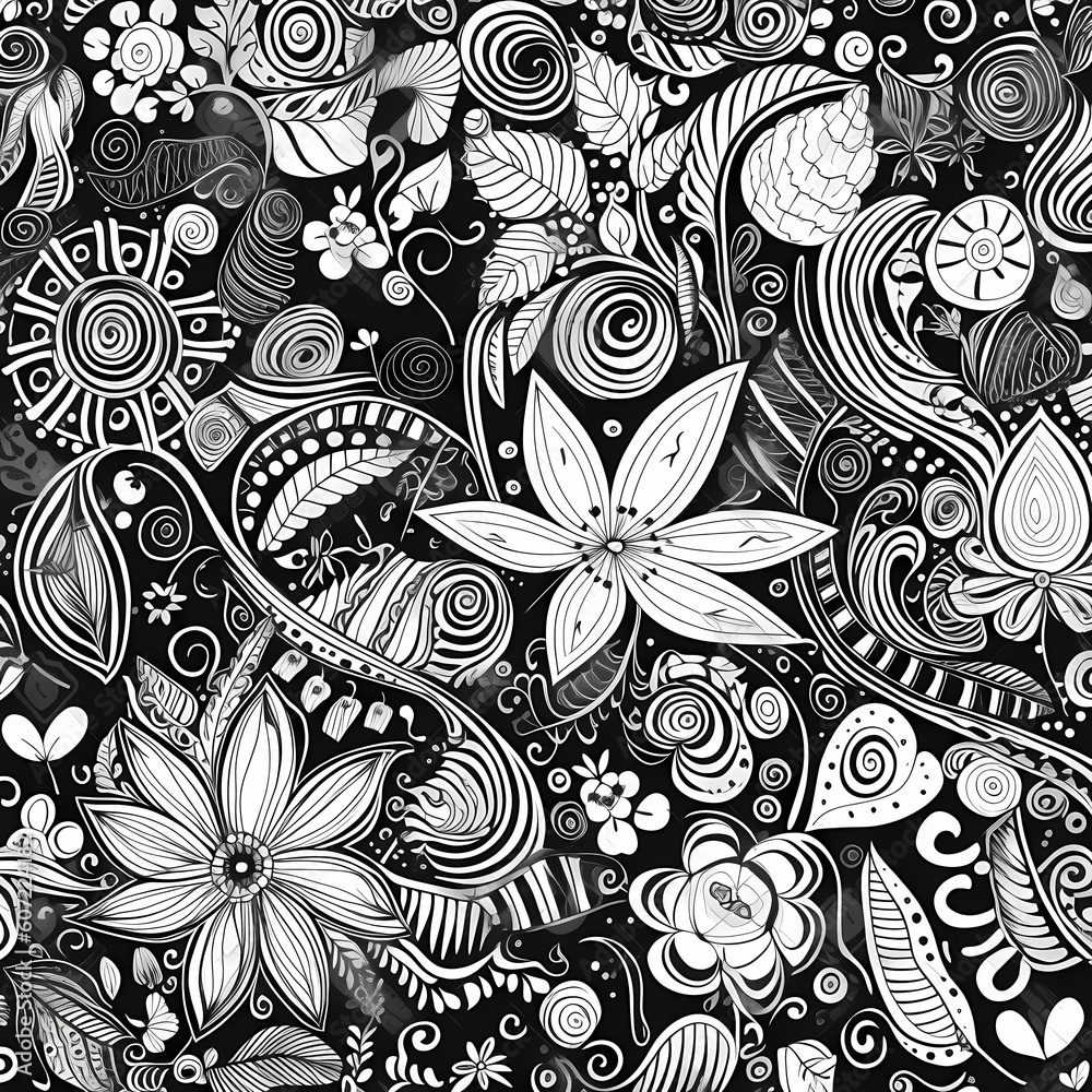 Floral Pattern In Black And White Style Illustration