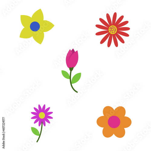 Fototapeta Naklejka Na Ścianę i Meble -  Vector set of flat flowers, leaves and berries icons silhouette isolated pattern. Cute bright color design,flat flower organic