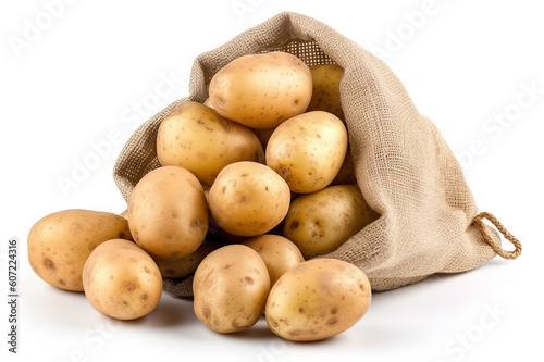 Close-up of Ripe Potatoes in a Burlap Bag on a White Background. created with Generative AI