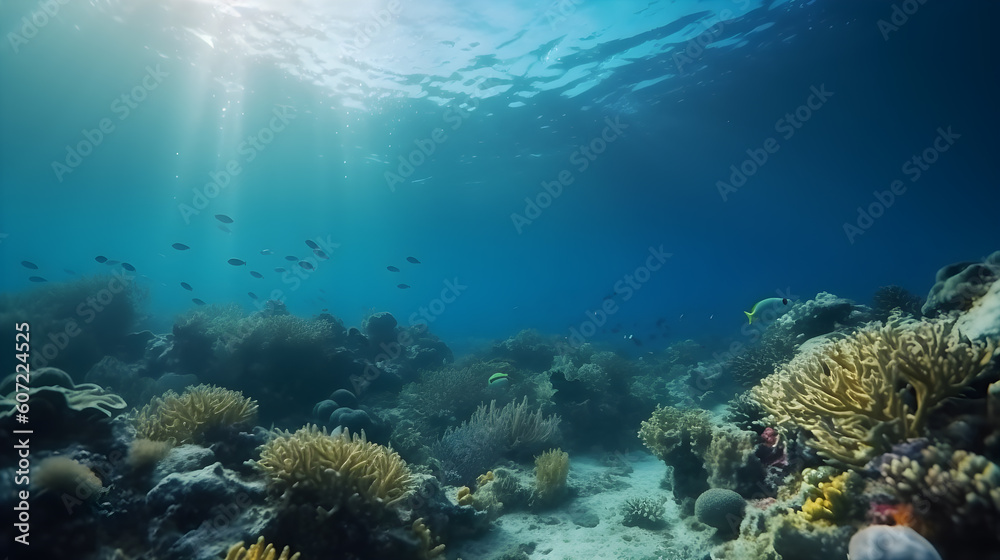 Fototapeta premium Beautiful underwater view of the coral reef. Life in the ocean. School of fish. Generative AI