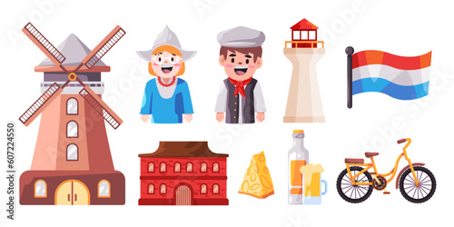 Netherlands set icon collection country symbol windmill red building lighthouse beer human costume and flag Amsterdam city