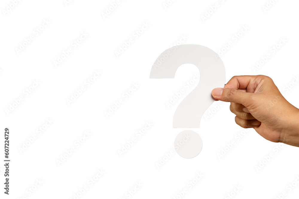 Hand holding a white question mark symbol against a transparent background - obrazy, fototapety, plakaty 