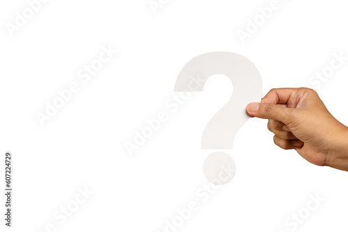 Fotografia Hand holding a white question mark symbol against a transparent background