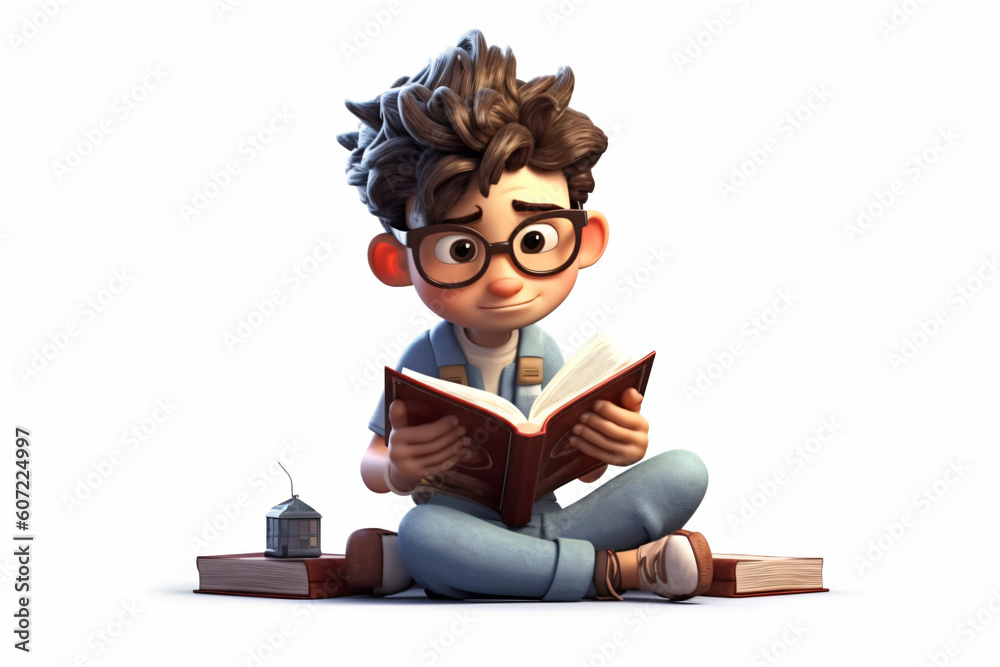 Photo studious 3d boy reading book isolated on white background