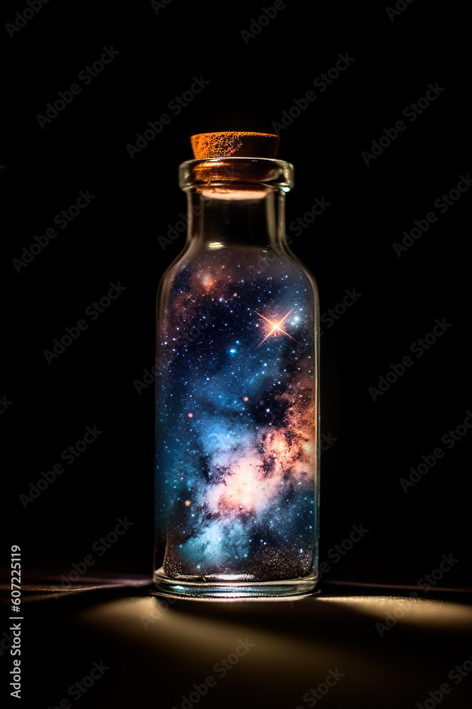 Stellar Enchantment: Milky Way Stars Captured in a Bottle Against a Black Background. created with Generative AI Stellar Enchantment: Milky Way Stars Captured in a Bottle Against a Black Background. created with Generative AI