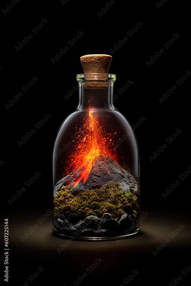 Erupting Volcano with Fiery Lava Flowing Out, Encased in a Bottle Against a Black Background. created with Generative AI Erupting Volcano with Fiery Lava Flowing Out, Encased in a Bottle Against a Black Background. created with Generative AI