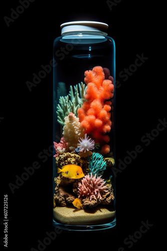 Underwater Wonders: Corals and Fish Captured in a Bottle Against a Black Background. created with Generative AI photo