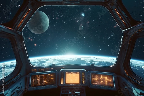 Cockpit of spaceship with moon and planets. Outerspace astronaut mothership. Planet horizon.