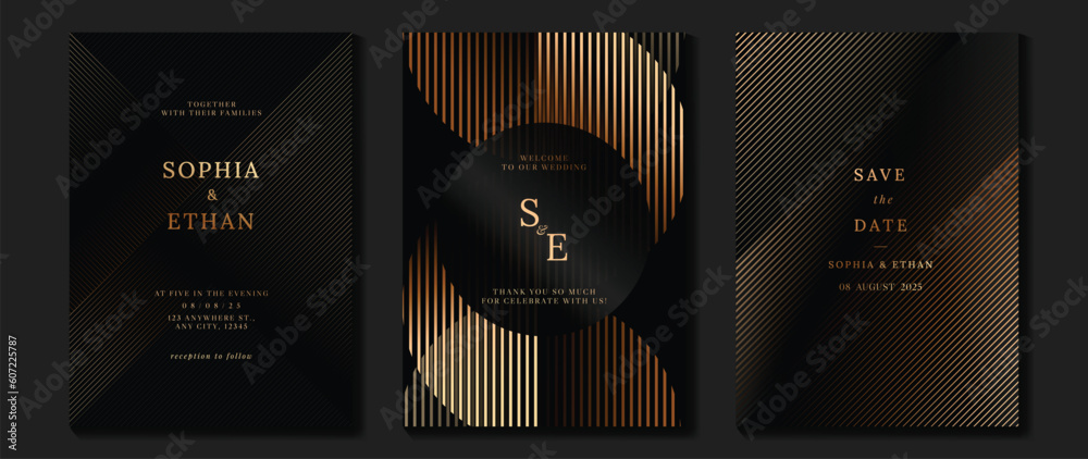 Luxury wedding invitation card background vector. Golden elegant geometric shape, gold wavy lines on dark background. Premium design illustration for wedding and vip cover template, banner, poster.