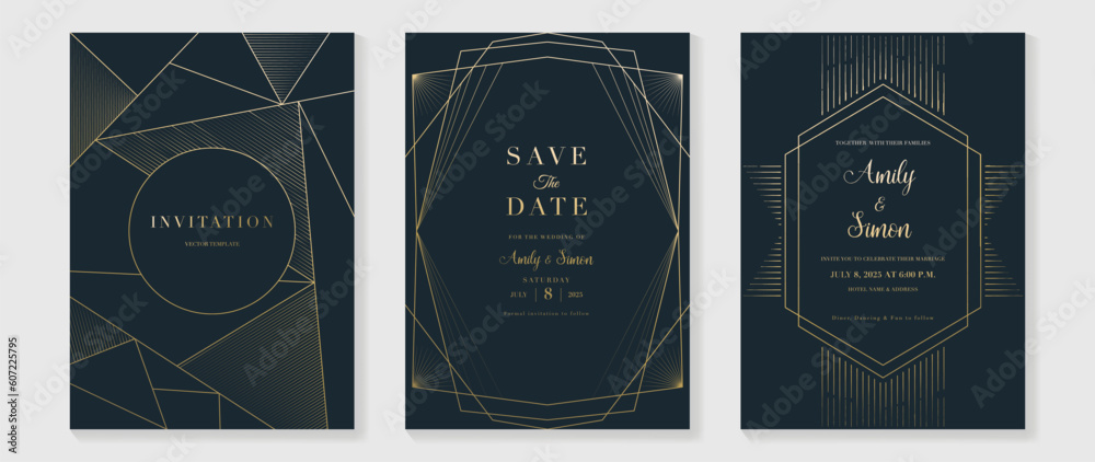 Luxury wedding invitation card background vector. Golden elegant geometric shape, gold lines on green background. Premium design illustration for wedding and vip cover template, banner, poster.