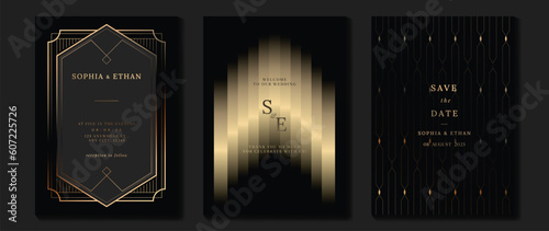 Luxury wedding invitation card background vector. Golden elegant geometric shape, gold lines on dark background. Premium design illustration for wedding and vip cover template, banner, poster.