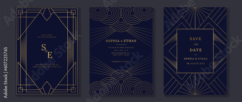 Luxury wedding invitation card background vector. Golden elegant geometric shape, gold lines on dark blue background. Premium design illustration for wedding and vip cover template, banner, poster.