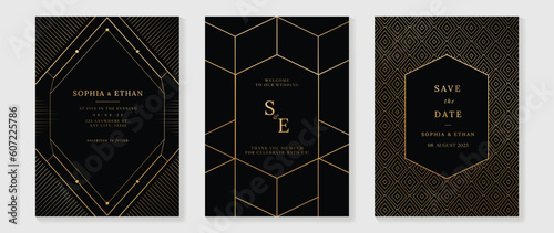Luxury wedding invitation card background vector. Golden elegant geometric shape, gold lines on dark background. Premium design illustration for wedding and vip cover template, banner, poster.
