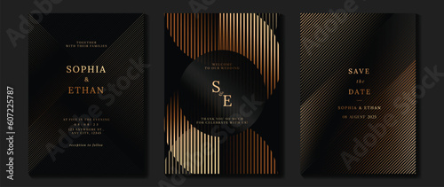 Luxury wedding invitation card background vector. Golden elegant geometric shape, gold wavy lines on dark background. Premium design illustration for wedding and vip cover template, banner, poster.