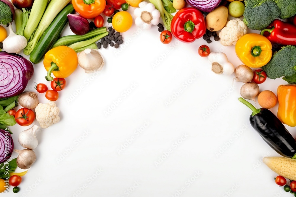 Empty picture frame with Vegetables on white background with copy space for quotes, products, photos Generative AI Empty picture frame with Vegetables on white background with copy space for quotes, products, photos Generative AI