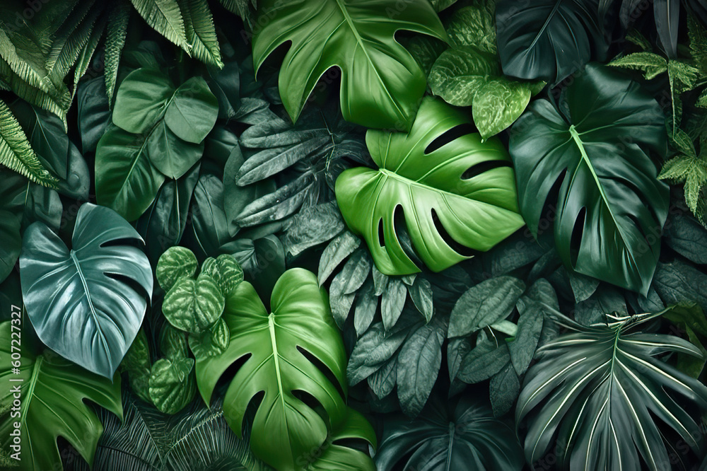 Panoramic Green Leaves Background with Monstera, Palm, Coconut, Fern, and Banana Leaves. created with Generative AI Panoramic Green Leaves Background with Monstera, Palm, Coconut, Fern, and Banana Leaves. created with Generative AI