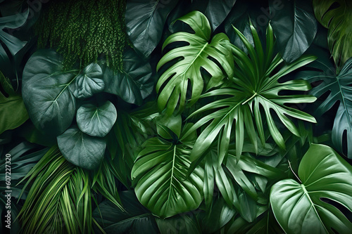 Panoramic Green Leaves Background with Monstera, Palm, Coconut, Fern, and Banana Leaves. created with Generative AI