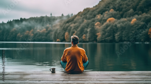 Lakeside Retreat: Young Man Embracing Freedom and Relaxation on the Pier with a Cup of Coffee. created with Generative AI