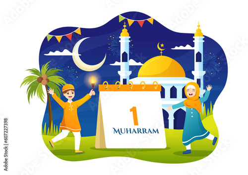 Happy Muharram Vector Illustration with Kids Celebrating Islamic New Year in Flat Cartoon Hand Drawn Landing Page Background Templates