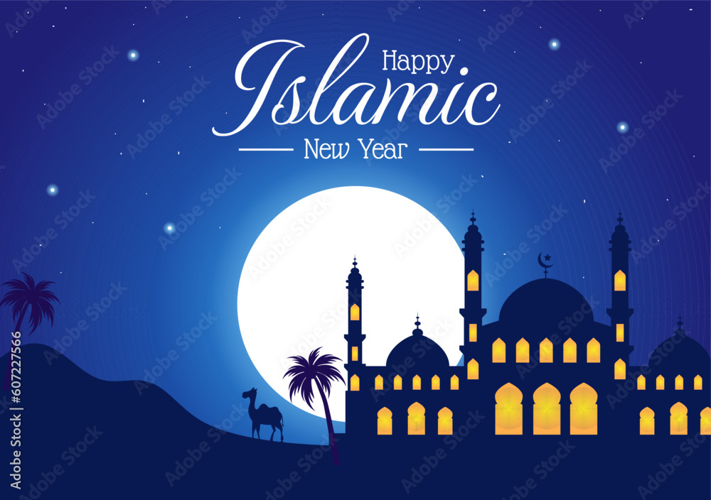 Happy Muharram Vector Illustration with Celebrating Islamic New Year in Flat Cartoon Hand Drawn Landing Page Background Templates