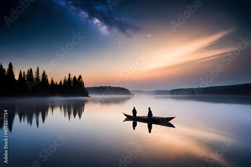 sunrise over the tranquil lake as silhouettes dance against the colorful sky  The warm hues of orange and pink paint the horizon  casting a magical glow on the serene waters  The silhouettes of trees