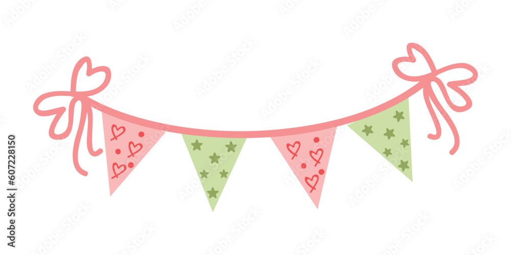 Cute pink flat buntings garlands, flags. Celebration decor. Valentines Day. Cute vintage heart-shaped shabby chic textile bunting flags ideal for Valentine's Day, weddings, birthdays, bridal shower