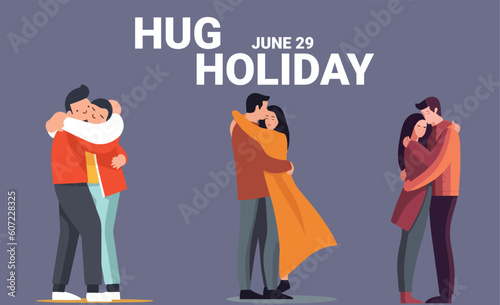 set of hug man and woman isolated on blue background. with bold text to celebrate hug holiday on june 29. vector eps