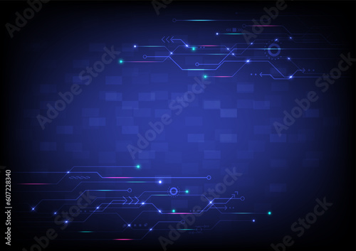 Abstract Background Technology Electronic Circuit with Elements There is a circle with a bright glowing line with empty space in the center and a blue gradient background square.