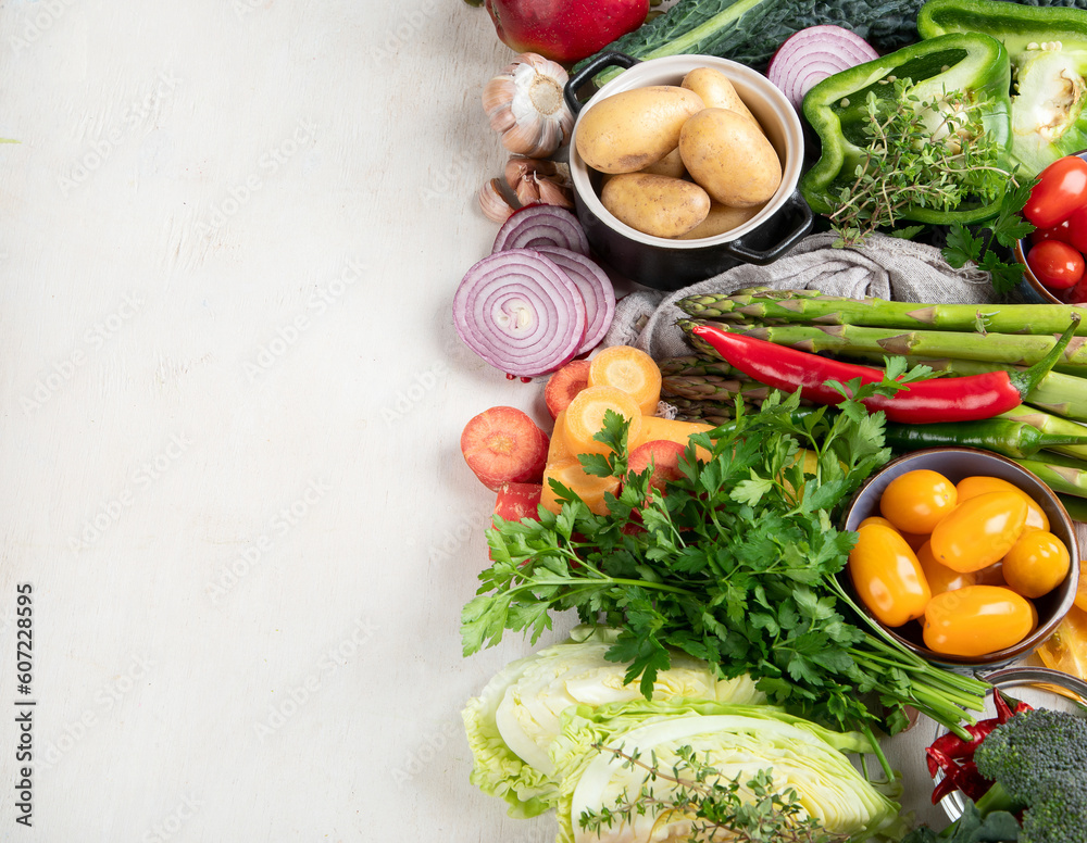 Healthy food selection. Detox and clean diet concept. Foods high in vitamins, minerals and antioxidants. Anti age foods.