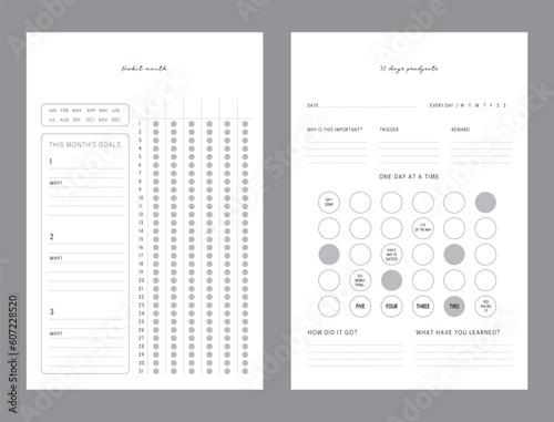 Minimalist planner template set. Vector illustration. 2 set of 30 Day challenge and goal Planner. Plan your day make dream happen.	