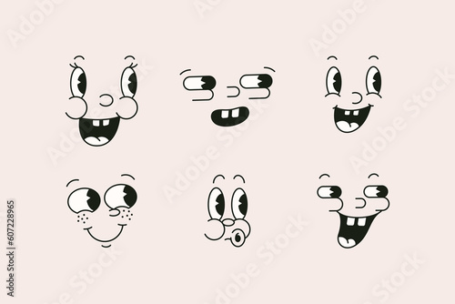 Retro Cartoon Characters Funny Faces in 30s, 50s Mascot Style. Vector Old Illustration Part Of Face
