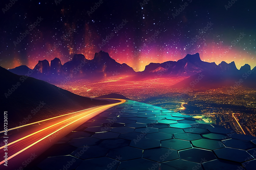 Beautiful Cityscape with Street and Galaxy in the Sky Advanced Modern Technology Concept