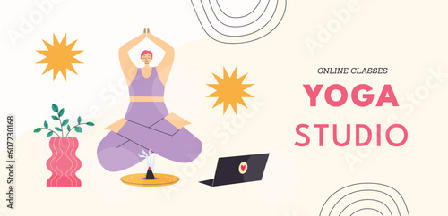 Yong woman watching online yoga classes on laptop, practicing yoga at home.