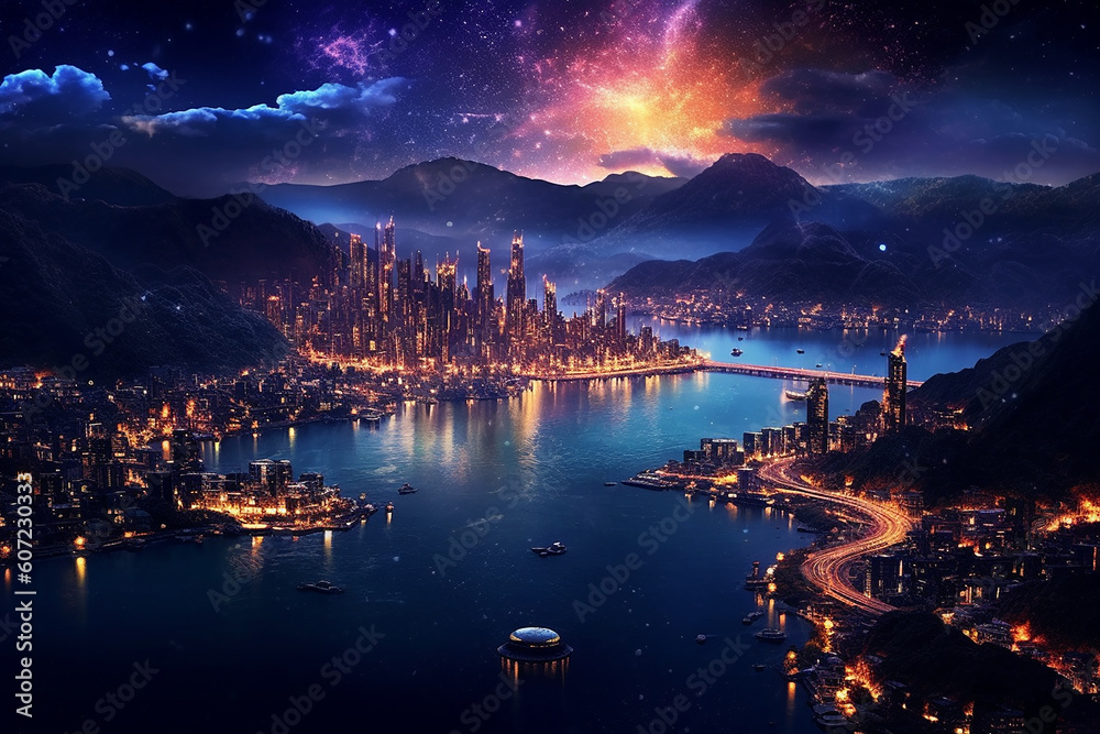 Top View of Cityscape at Night Modern City with Mountains Lake and Galaxy in the Sky