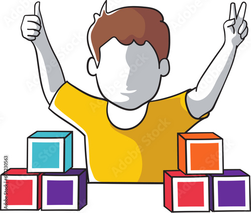 Young happy boy playing stack of puzzle block on table and giving thumbs up gesture in kindergarten