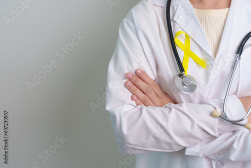 Yellow September, Suicide prevention day, Childhood, Sarcoma, bone and bladder cancer Awareness month, Yellow Ribbon for supporting people life and illness. Healthcare and World cancer day concept