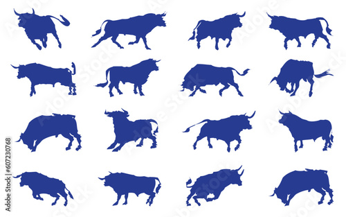 vector collection of blue bull  silhouettes and shadows. Grunge bull and matador  vector 