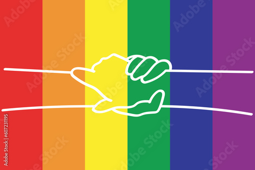 Illustration, White line of shake hands with lgbtq color background.