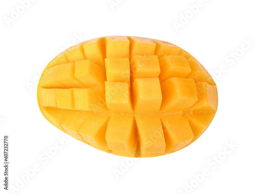 Mango slice cut in cube isolated on white background