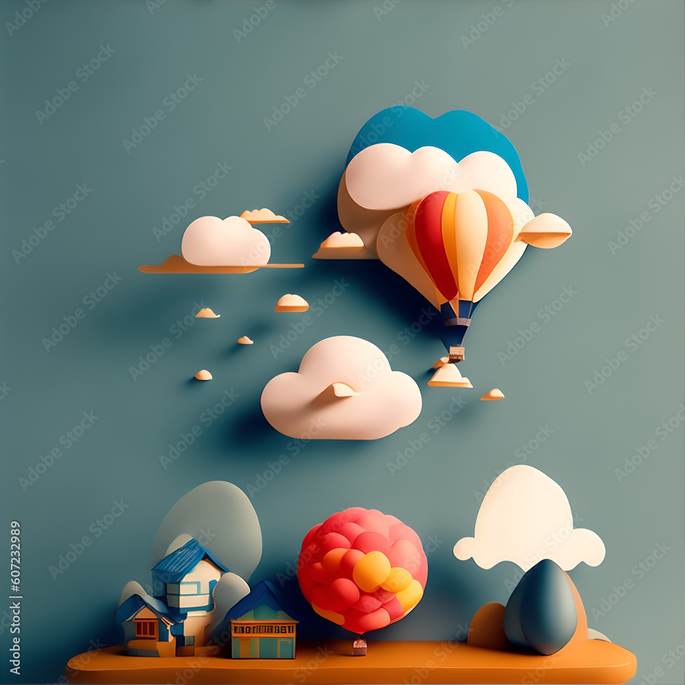 balloons in the clouds, paper art style
