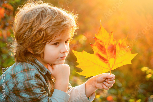 Autumnal mood. Little boy hold yellow leaves in the autumn park. Autumn dream. Kid dreams on autumn nature. Childhood dream concept. Daydreamer child. Dreams and imagination. Dreamy kids face.
