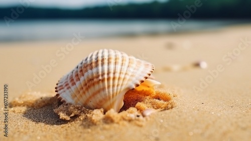 Cute seashell on the beach Generative AI © Dyeru