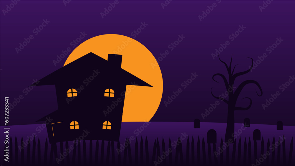 happy Halloween holiday party background. haunted house cartoon on hills with full moon in night sky