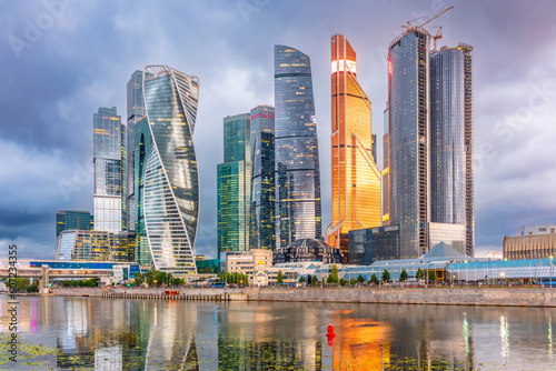 High buildings of Moscow-City at Moskva River at summer sunset  Russia.